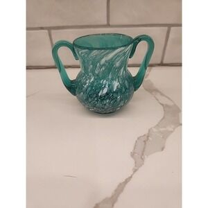 Rainbow Glass‎ Hand Blown Green Teal Spatter Art Glass Sugar Bowl With Handles